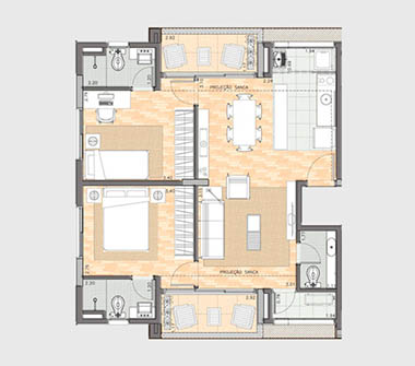 Planta 2 dorms 2 suítes 71m²