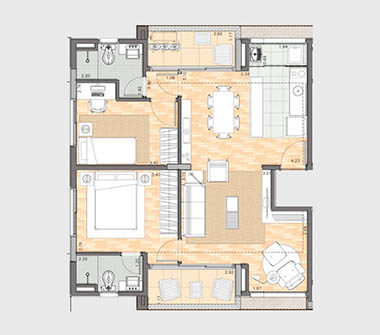 Planta 2 dorms 1 suíte 71m²