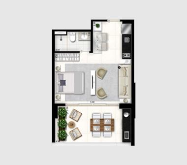 Perspectiva planta studio 41M2