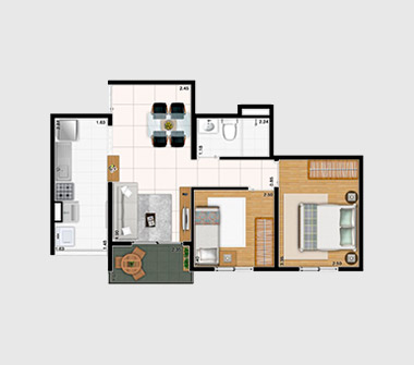 Perspectiva planta 2 dorms 47M2
