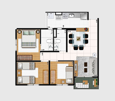 Perspectiva planta 3 dorms 60M2