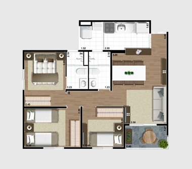 Perspectiva planta 61M2 3 dorms