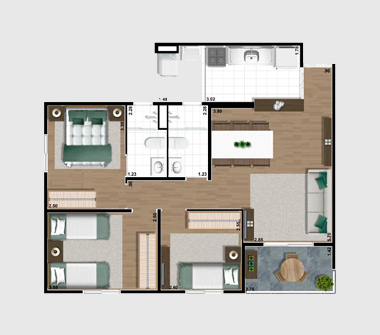 Perspectiva planta 69M2 3 dorms