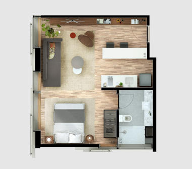 Perspectiva ilustrada da planta tipo 40m² 1 dormitório