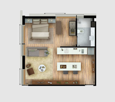 Perspectiva ilustrada da planta tipo 48m² 1 dormitório
