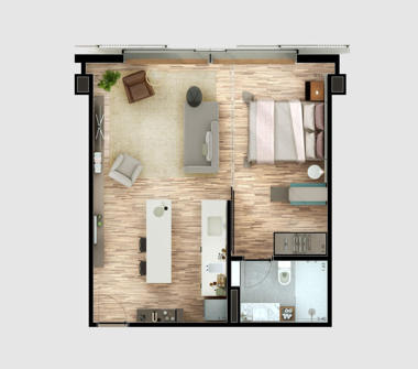 Perspectiva ilustrada da planta tipo 52m² 1 dormitório