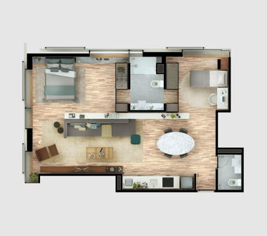 Perspectiva ilustrada da planta tipo 72m² 1 dormitório