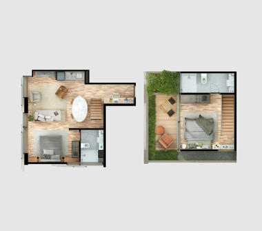 Perspectiva ilustrada da planta cobertura duplex 81m² 2 dormitório