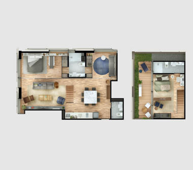 Perspectiva ilustrada da planta cobertura duplex 115m² 2 dormitórios