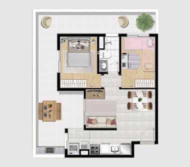 Planta tipo 1 garden 45,65m² 2 dorms
